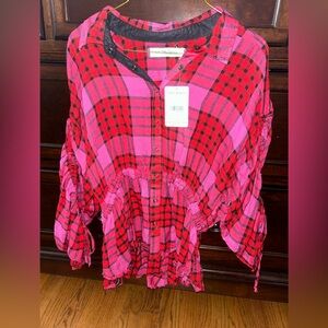 Free People Vibrant Plaid Top in Red and Pink